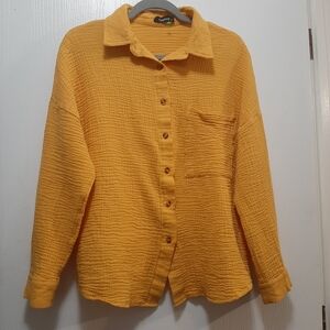 Fashion Yellow Button-Up Shirt 100% Cotton Medium
